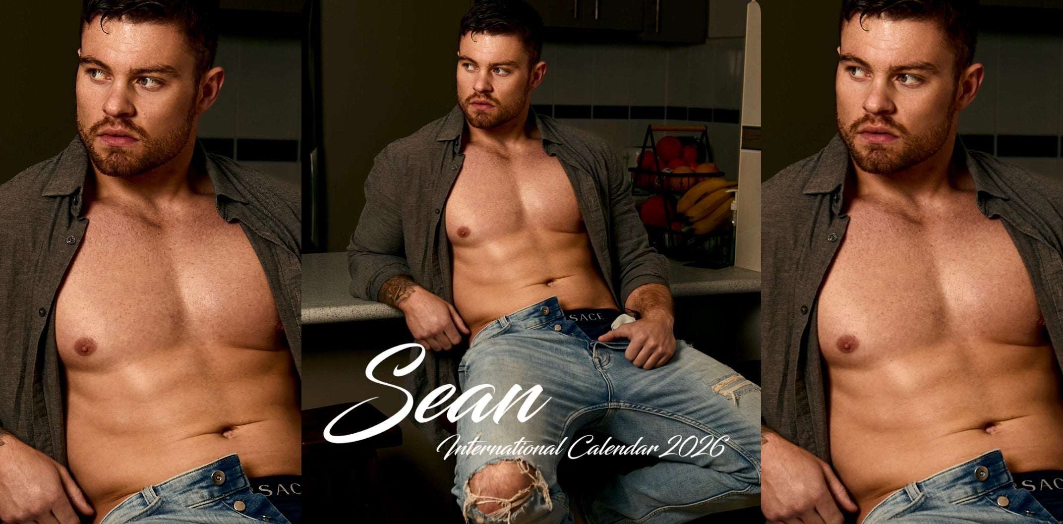 Collage of a shirtless man in jeans with 'Sean' branding.